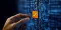 Hand Interacting with Digital Interface, Pressing Virtual Checkmark for Data Authentication Purpose Royalty Free Stock Photo