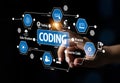 Hand Interacting with Digital Interface Representing Coding, Testing, Data Structure, Source Code, and Process in a Royalty Free Stock Photo