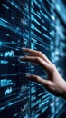 Hand interacting with digital interface, showcasing futuristic technology and data, AI Royalty Free Stock Photo