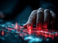 Hand touching digital data with glowing red code Royalty Free Stock Photo