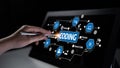 Hand Interacting with a Digital Screen Displaying Coding Concepts Including Testing, Process, Source Code, and Software Royalty Free Stock Photo
