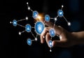 Hand Interacting with Digital Security Icons Representing Cyber Protection, Data Privacy, Technology Solutions, and Royalty Free Stock Photo