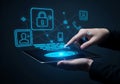 Hand interacting with digital security interface on tablet Royalty Free Stock Photo