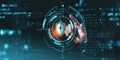 Hand interacting with digital shield icon representing cybersecurity on a dark digital background