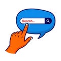 Hand interacting with a digital speech bubble containing a search bar Royalty Free Stock Photo