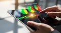 Hand Interacting With Digital Tablet Displaying Financial Charts and Graphs with Lens Flare Effect Royalty Free Stock Photo