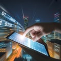 Hand Interacting with Digital Tablet Sending Data Streams Over Modern City Royalty Free Stock Photo