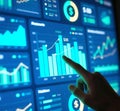 Hand Interacting with Financial Dashboard Data Driven Decision Making. Royalty Free Stock Photo