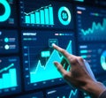 Hand Interacting with Financial Dashboard Data Driven Decision Making. Royalty Free Stock Photo