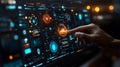 A hand interacting with a futuristic computer interface with data charts and graphs Royalty Free Stock Photo