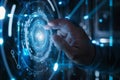 Hand interacting with a futuristic cybersecurity digital interface on a tech backdrop