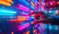 Hand Interacting with a Futuristic Data Stream Wall Royalty Free Stock Photo
