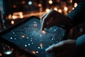 Hand interacting with a futuristic digital interface displaying complex network connections and data flow on a tablet Royalty Free Stock Photo