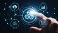 Hand Interacting with Futuristic Digital Interface Showing Gears and Data Icons technology touching Royalty Free Stock Photo