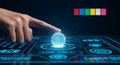Hand interacting with futuristic digital interface showing global connectivity and data network visualization Royalty Free Stock Photo