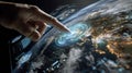 Hand Interacting with Futuristic Digital World Map and Data Visualization Royalty Free Stock Photo