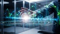 Hand Interacting with a Futuristic Holographic Data Visualization Network of Glowing Blue Lines Royalty Free Stock Photo