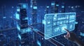 A hand interacting with a futuristic holographic interface displaying data analytics over a cityscape at night Royalty Free Stock Photo
