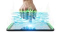 Hand interacting with futuristic holographic interface on tablet with digital circuits and data streams Royalty Free Stock Photo