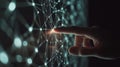Hand interacting with futuristic network interface in dark ambiance