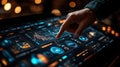 Hand interacting with futuristic touchscreen interface displaying data and analytics in a dark, technological environment