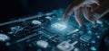 The hand interacting with futuristic touchscreen technology and glowing icons. AI generated image Royalty Free Stock Photo