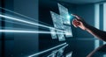 Hand interacting with a glowing blue holographic interface displaying data charts and user profiles with light streaks Royalty Free Stock Photo