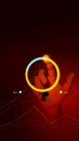 Hand interacting with glowing circular chart on red digital interface. Represents data analysis, business intelligence