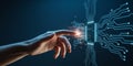 Hand interacting with a glowing CPU on a digital circuit board with light trails Royalty Free Stock Photo