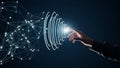 Hand Interacting with a Glowing Network of Digital Connections and Sound Waves technology Royalty Free Stock Photo