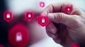 Hand interacting with glowing pink padlock icons on a digital interface, symbolizing personal control, data security, and priva