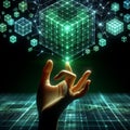 Hand interacting with holographic cube, futuristic technology concept Royalty Free Stock Photo