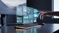 Hand Interacting with Holographic Data on Computer Screen with Keyboard and Mouse Royalty Free Stock Photo