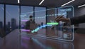 Hand Interacting with Holographic Project Alpha Timeline Control Interface Using a Stylus in a Modern Office Setting with Night Royalty Free Stock Photo