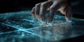 Hand interacting with a holographic screen displaying futuristic data in a dark environment Royalty Free Stock Photo