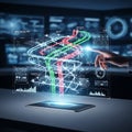 Hand interacting with holographic traffic density map projected from a tablet in a futuristic control room setting Royalty Free Stock Photo