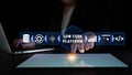 Hand Interacting with Low Code Platform Interface on Tablet Displaying Data Analytics, AI Tools, and Business Growth Royalty Free Stock Photo