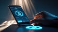 Hand interacting with a smartphone displaying cryptocurrency wallet interface, illuminated by l Royalty Free Stock Photo