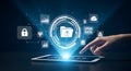 Hand interacting with tablet displaying open data and digital security Royalty Free Stock Photo