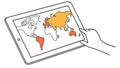 Hand interacting with tablet showing world map, for global exploration, vector design Generative AI Royalty Free Stock Photo
