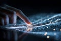 Hand interacting with transparent screen displaying white flowing data streams at night in a digital environment Royalty Free Stock Photo