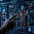 A hand interacts with an AI hologram interface on a digital screen, representing advanced human-computer interaction. Royalty Free Stock Photo