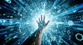 Hand reaching into a stream of digital data and futuristic technology interface design Royalty Free Stock Photo