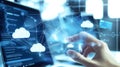 Hand interacts with cloud computing network, data visualized on screens. Use Tech website Royalty Free Stock Photo