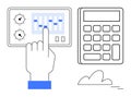 Hand Adjusting Control Panel with Calculator and Cloud Element for Data Management Concept Royalty Free Stock Photo