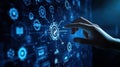 A hand interacts with a digital interface displaying complex data visualizations Royalty Free Stock Photo