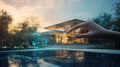A hand interacts with a digital interface in front of a modern house, symbolizing smart property management Royalty Free Stock Photo