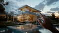 A hand interacts with a digital interface in front of a modern house, symbolizing smart property management Royalty Free Stock Photo