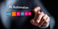 Hand interacts with digital screen displaying AI automation flowchart with colorful steps like database, API, and email Royalty Free Stock Photo