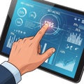 A hand interacts with a digital tablet displaying data visualizations. The screen shows Royalty Free Stock Photo